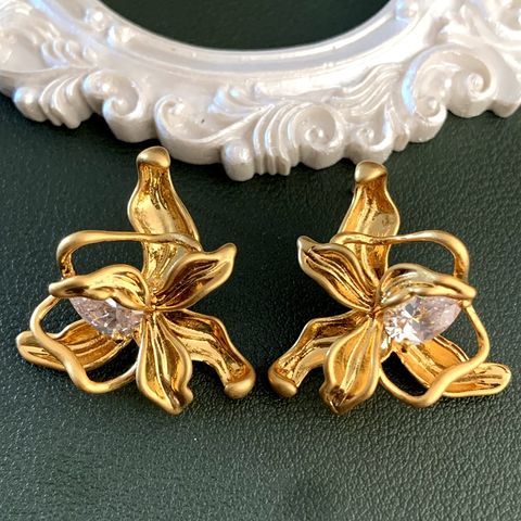 1 Pair Vintage Style Flower Plating Inlay Copper Zircon Gold Plated Ear Studs