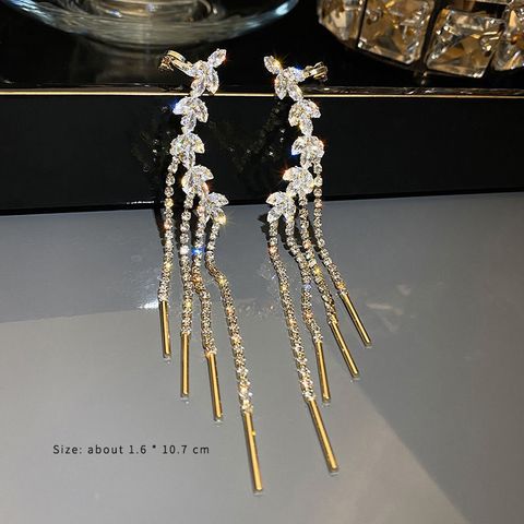 Luxurious Leaf Tassel Copper Alloy Inlay Artificial Crystal 14k Gold Plated Women's Drop Earrings