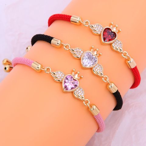 Simple Style Commute Heart Shape Crown Wings Rope Copper Drawstring Plating Inlay Zircon 18k Gold Plated Women's Drawstring Bracelets
