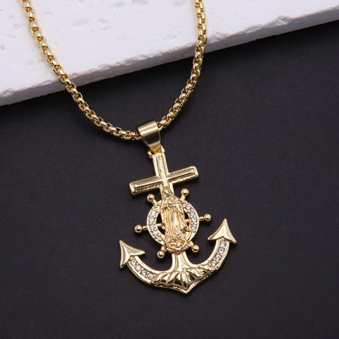 Simple Style Anchor Copper Polishing Plating Inlay Zircon 18k Gold Plated Unisex Pendant Necklace