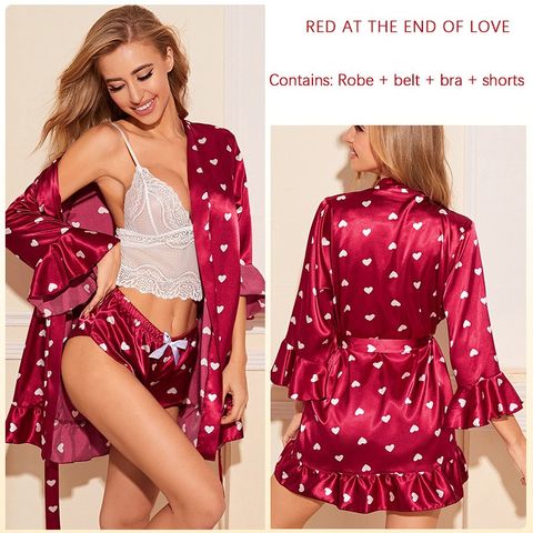 Home Women's Simple Style Stripe Heart Shape Imitated Silk Polyester Shorts Sets Pajama Sets