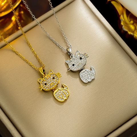 Wholesale Cute Shiny Cat Stainless Steel Titanium Steel Plating Inlay 18k Gold Plated Zircon Pendant Necklace