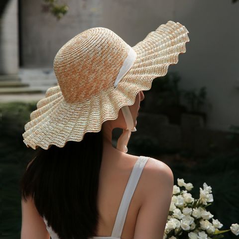 Women's Pastoral Solid Color Straps Big Eaves Sun Hat