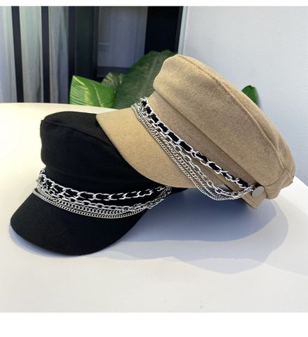 Women's Retro British Style Solid Color Chain Curved Eaves Military Hat