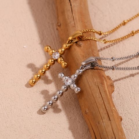 Simple Style Cross Stainless Steel Plating Zircon 18k Gold Plated Pendant Necklace