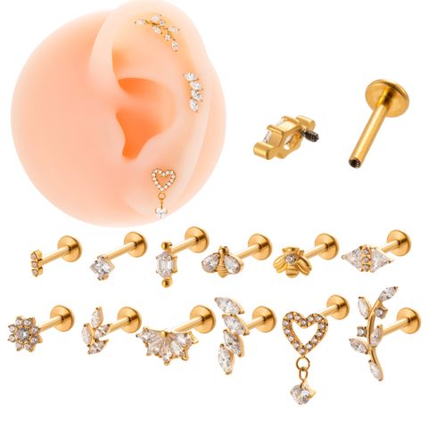 1 Piece Ear Cartilage Rings & Studs IG Style Vintage Style Leaves Heart Shape Bee Pure Titanium Plating Inlay Zircon