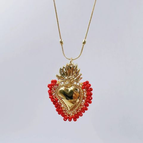 Vintage Style Heart Shape Copper Gold Plated Seed Bead Pendant Necklace In Bulk