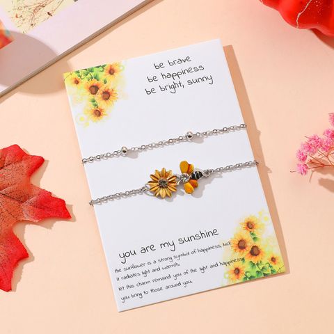 Romantic Pastoral Sunflower Bee Alloy Iron Copper Enamel Plating Inlay Rhinestones Thanksgiving Unisex Bracelets