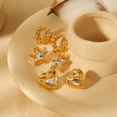 1 Pair Simple Style Commute Star Heart Shape Polishing Plating Inlay 304 Stainless Steel Zircon Ear Studs