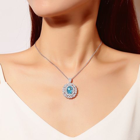 Elegant Sweet Color Block Oval Sterling Silver Plating Inlay High Carbon Diamond Pendant Necklace