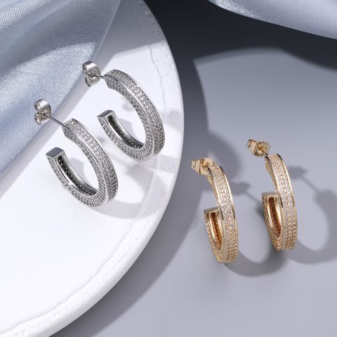 1 Pair Hip-Hop Rock Simple Style C Shape Polishing Inlay Copper Zircon 18K Gold Plated Ear Studs