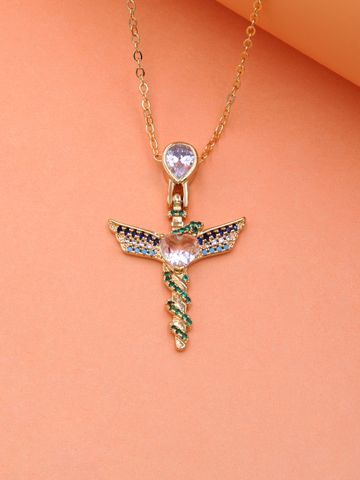 Vintage Style Cross Wings Snake Copper 18k Gold Plated Zircon Pendant Necklace In Bulk