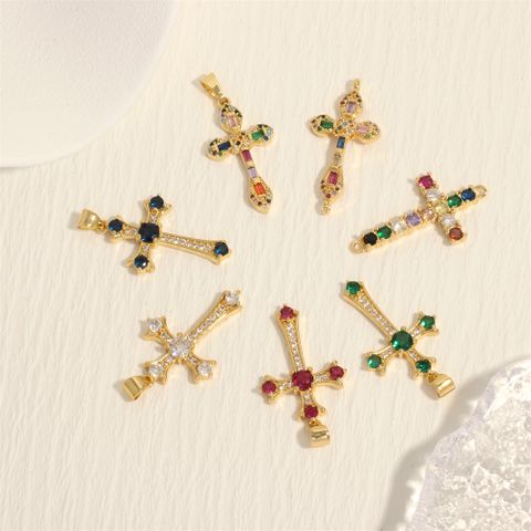 Elegant Simple Style Streetwear Cross Copper Plating Inlay Zircon 18k Gold Plated Charms