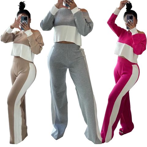 Daily Street Women's Simple Style Color Block Cotton Blend Polyester Contrast Collar Pants Sets Pants Sets