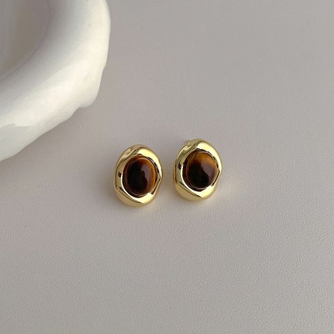 1 Piece Vintage Style Geometric Oval Plating Inlay Copper Natural Stone 14k Gold Plated White Gold Plated Ear Studs