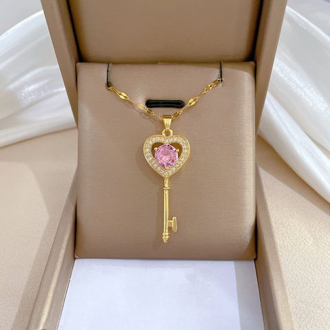 Sweet Streetwear Heart Shape Key Artificial Gemstones Titanium Steel Copper Inlay Artificial Gemstones Women's Pendant Necklace