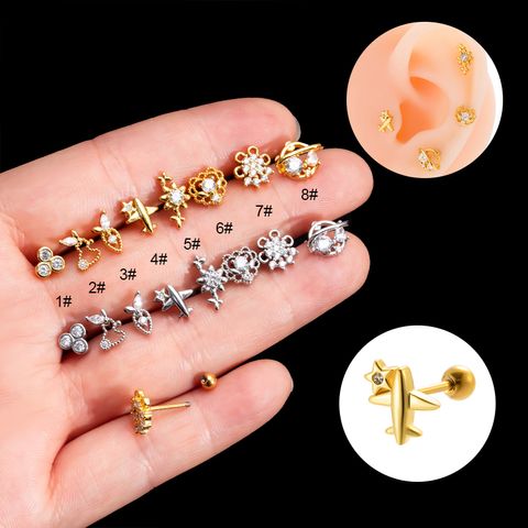 1 Piece Ear Cartilage Rings & Studs Sweet Heart Shape Flower Airplane 316 Stainless Steel  Copper Plating Inlay Zircon