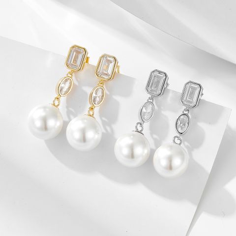 1 Pair Ig Style Sweet Round Square Oval Plating Inlay Sterling Silver Pearl Zircon 14k Gold Plated Rhodium Plated Drop Earrings