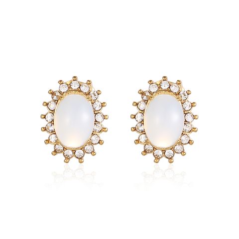 1 Pair Elegant Vintage Style French Style Oval Plating Inlay 304 Stainless Steel Opal Zircon 18K Gold Plated Ear Studs