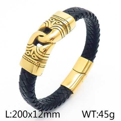 Retro Color Block Pu Leather Titanium Steel Plating 18K Gold Plated Men's Bangle