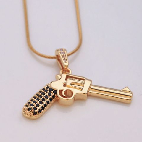 Hip-hop Rock Roman Style Pistol Artificial Crystal Steel Copper Plating Inlay Zircon 18k Gold Plated Unisex Pendant Necklace