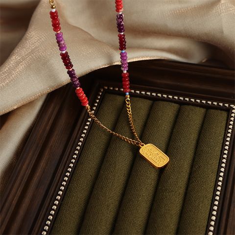 Chinoiserie Vintage Style Chinese Character Natural Stone Titanium Steel Beaded Plating Carving 18k Gold Plated Unisex Pendant Necklace