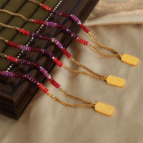 Chinoiserie Vintage Style Chinese Character Natural Stone Titanium Steel Beaded Plating Carving 18k Gold Plated Unisex Pendant Necklace
