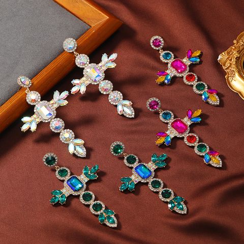 1 Pair Rock Ethnic Style Cross Plating Hollow Out Inlay Alloy Rhinestones Gold Plated Drop Earrings
