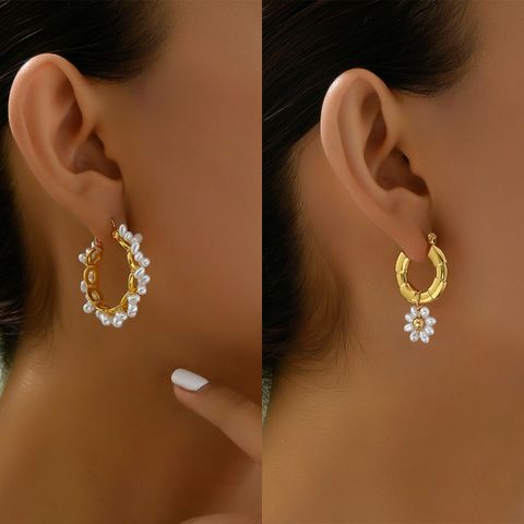 1 Pair Elegant Cute Sweet Flower Beaded Pearl 201 Stainless Steel 18K Gold Plated Earrings