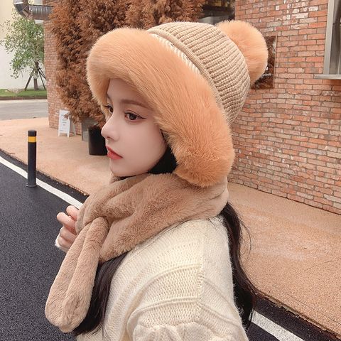 Women's Princess Cute Sweet Solid Color Pom Poms Ear Warap Wool Cap