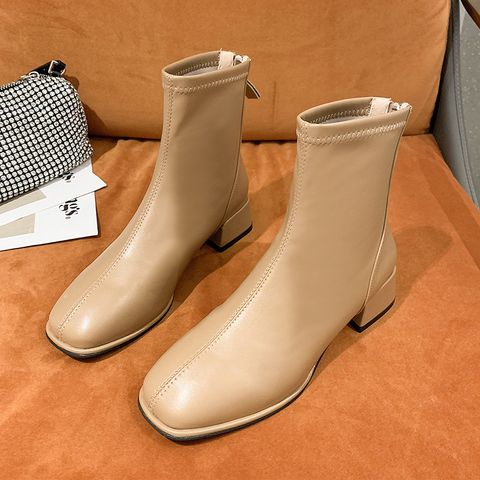 Women's British Style Solid Color Square Toe Classic Boots