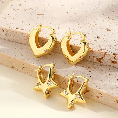 1 Pair Vintage Style Star Heart Shape Plating Inlay Copper Zircon 18k Gold Plated Hoop Earrings