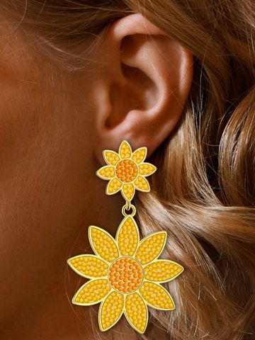 1 Pair Hawaiian Flower Inlay Alloy Seed Bead Drop Earrings