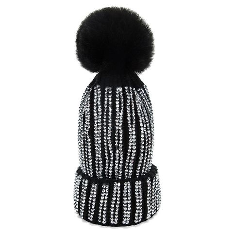 Women's Basic Lady Simple Style Solid Color Pom Poms Rhinestone Eaveless Wool Cap
