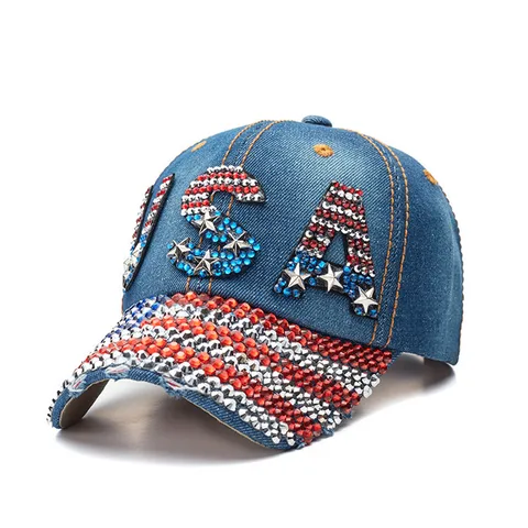 Unisex Basic Retro Letter American Flag Rhinestone Curved Eaves Baseball Cap