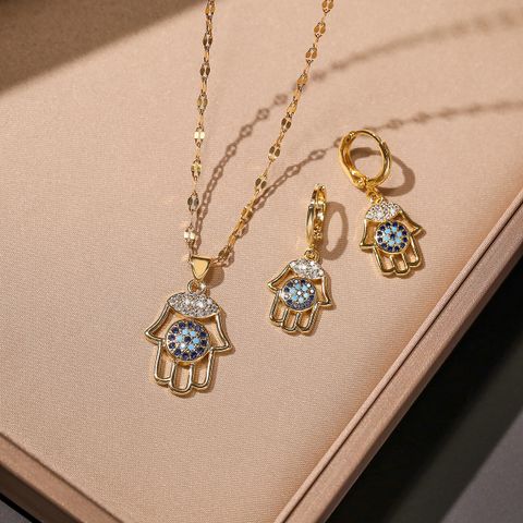 Simple Style Hand Of Fatima Copper Plating Inlay Zircon 18k Gold Plated Earrings Necklace Jewelry Set