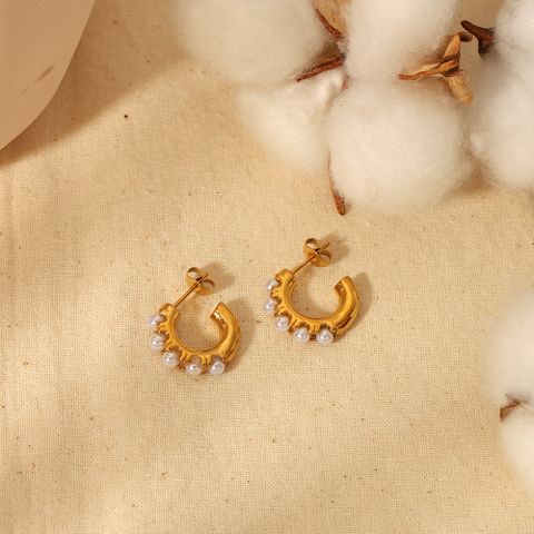 1 Pair Casual C Shape Plating Inlay Stainless Steel Artificial Pearls 14k Gold Plated Ear Studs