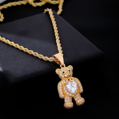304 Stainless Steel K Gold Plated Hip-Hop Plating Inlay Little Bear Zircon Pendant Necklace