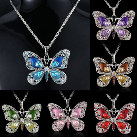 Sweet Butterfly Alloy Plating Inlay Rhinestones Unisex Pendant Necklace