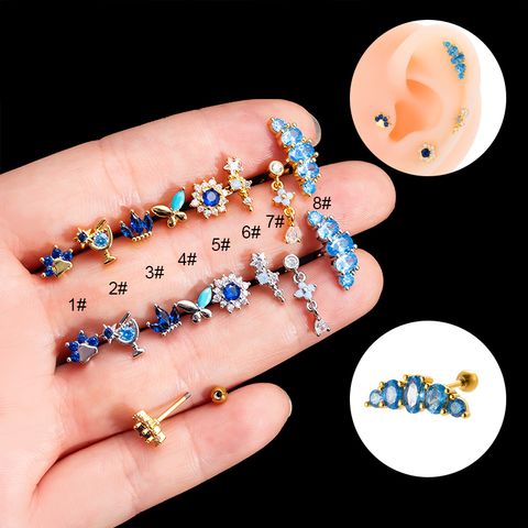 1 Piece Ear Cartilage Rings & Studs Sweet Crown Flower Butterfly 316 Stainless Steel  Copper Plating Inlay Zircon