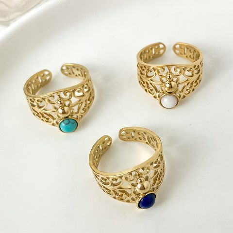 304 Stainless Steel 14K Gold Plated Vintage Style Commute Plating Inlay Monogram Gem Open Rings