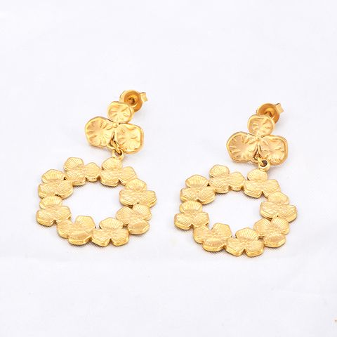 1 Pair Retro Flower Plating Stainless Steel 18k Gold Plated Drop Earrings