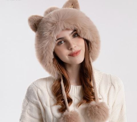 Women's Cute Simple Style Cat Pom Poms Ear Warap Wool Cap