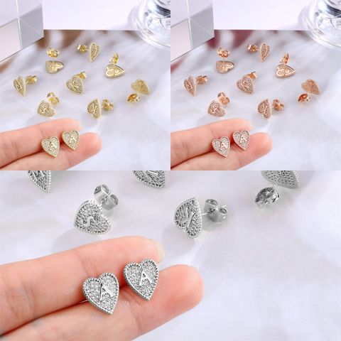 1 Pair Elegant Shiny Letter Heart Shape Plating Inlay Copper Zircon 14k Gold Plated Ear Studs