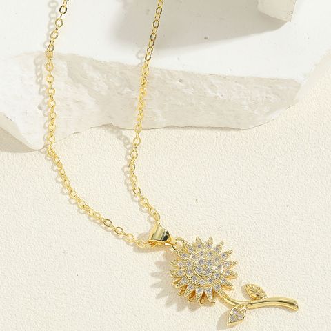 Elegant Lady Sunflower Key Metal Brass Plating Inlay Zircon 14k Gold Plated Women's Pendant Necklace