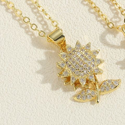 Elegant Lady Sunflower Key Metal Brass Plating Inlay Zircon 14k Gold Plated Women's Pendant Necklace