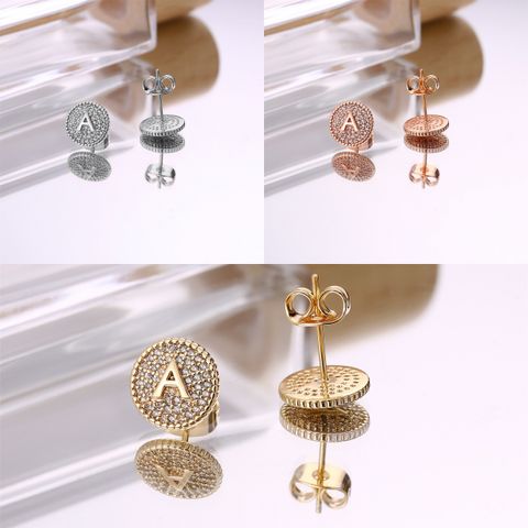 1 Pair Elegant Shiny Round Letter Plating Inlay Copper Zircon 14k Gold Plated Ear Studs