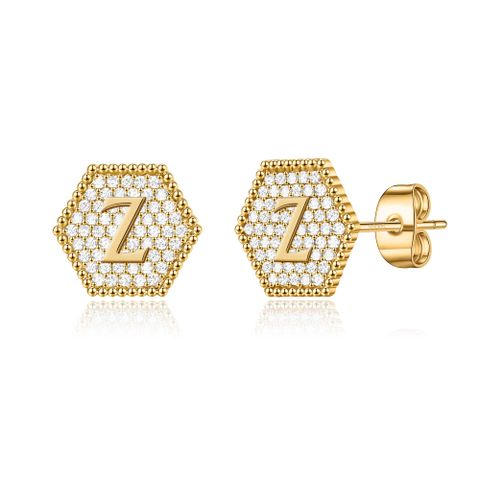 1 Pair Simple Style Hexagon Letter Inlay Copper Zircon 14k Gold Plated Ear Studs