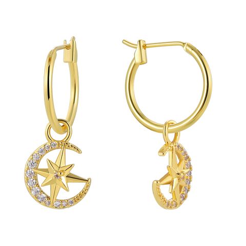 1 Pair Ig Style British Style Star Moon Key Plating Inlay Copper Pearl Beads Zircon 18k Gold Plated Drop Earrings