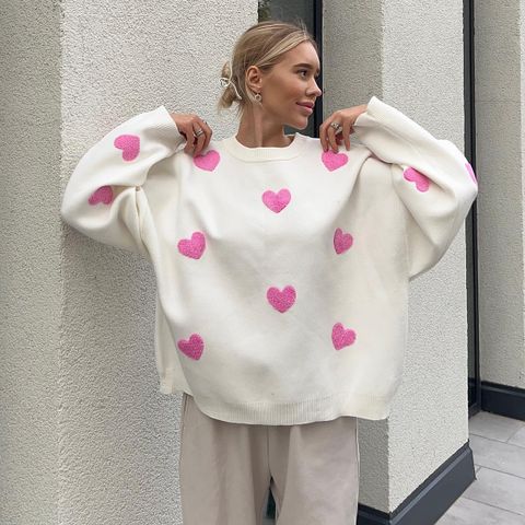 Women's Sweater Long Sleeve Sweaters & Cardigans Embroidery Streetwear Heart Shape Bow Knot